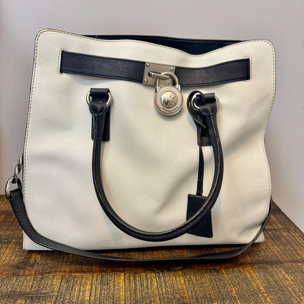 Michael Kors Large Hamilton White Black Leather Multiway Tote Shoulder Bag Purse